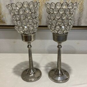 2 Elegant Silver Crystal Candle Holders